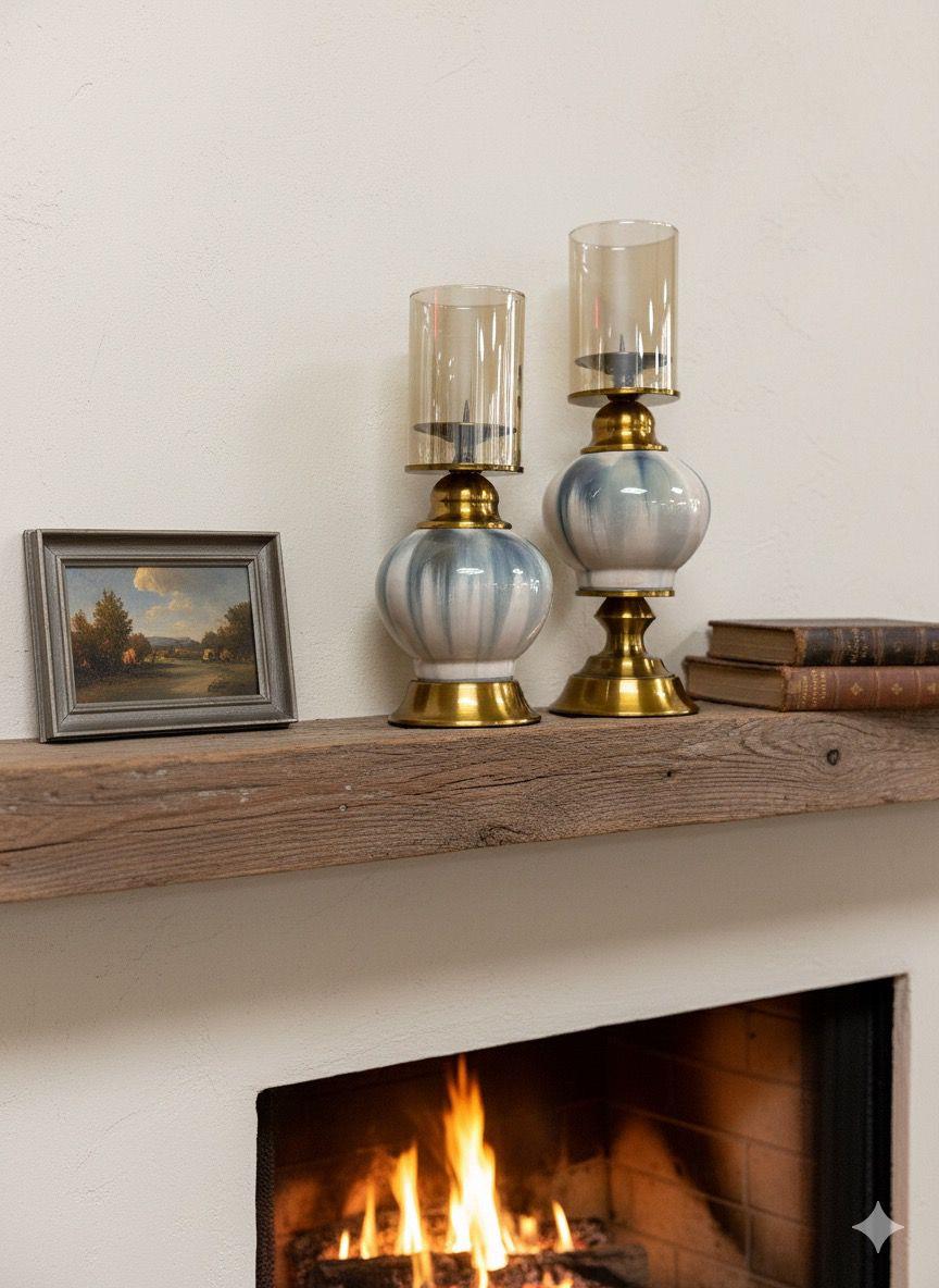 Glass Candle Holder with Metal & Ceramic Base 2-Piece