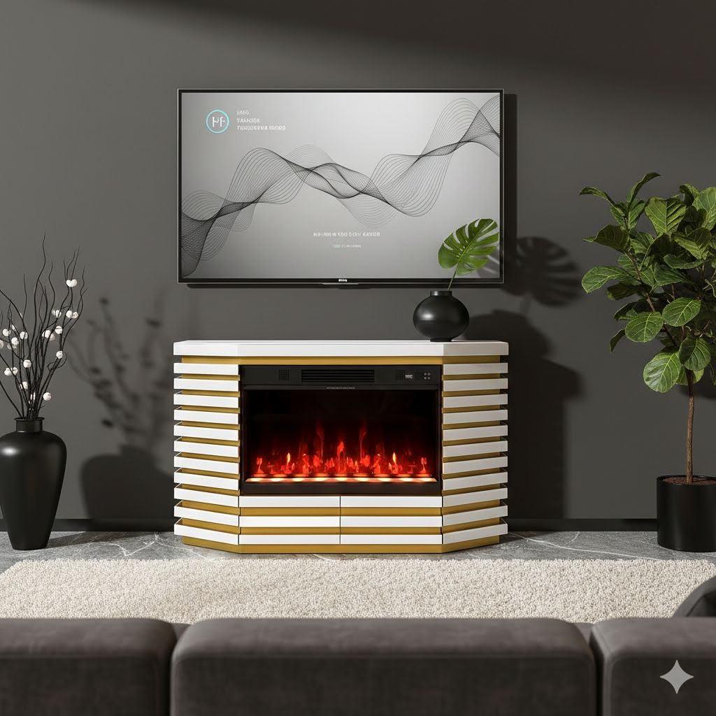 Modern White & Gold Fireplace TV Stand