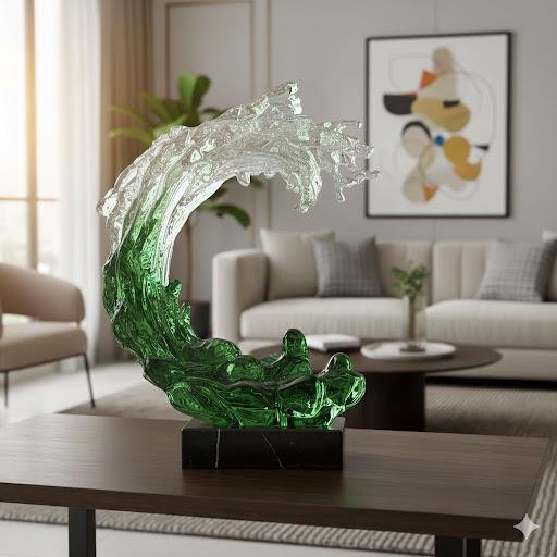 Green Ocean Wave Glass Sculpture with Golden Accents
