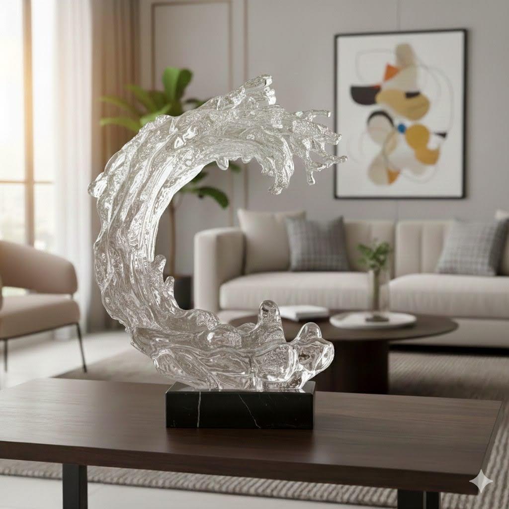 White Ocean Wave Glass Sculpture with Golden Accents