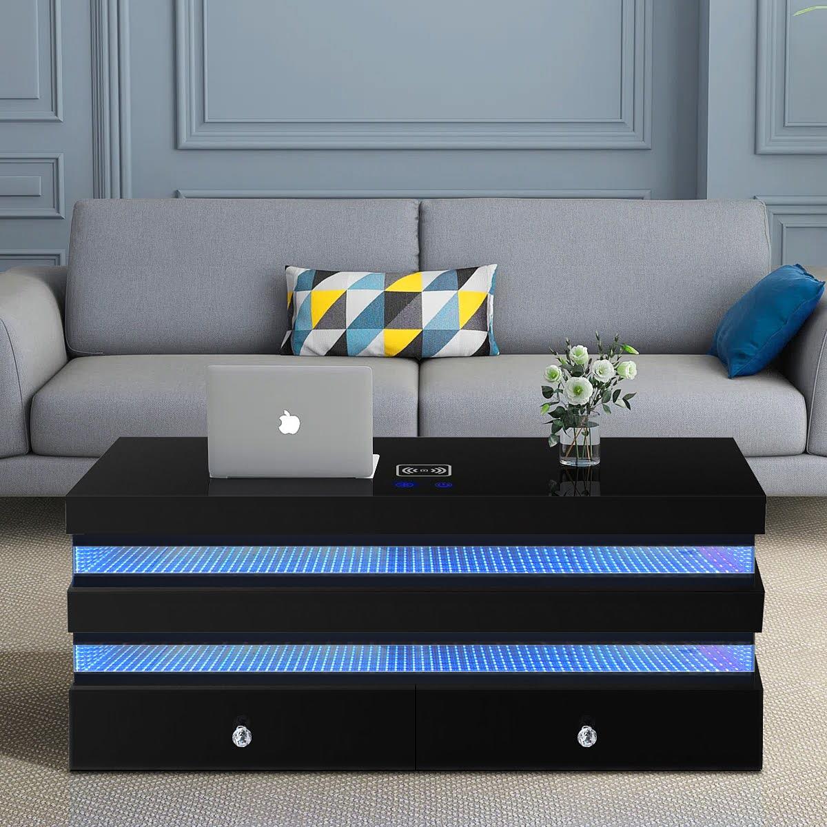 Modern Black Coffee Table with Storage Drawers, LED Lights