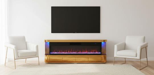 Mirrored Gold/Brass TV Stand with Fireplace