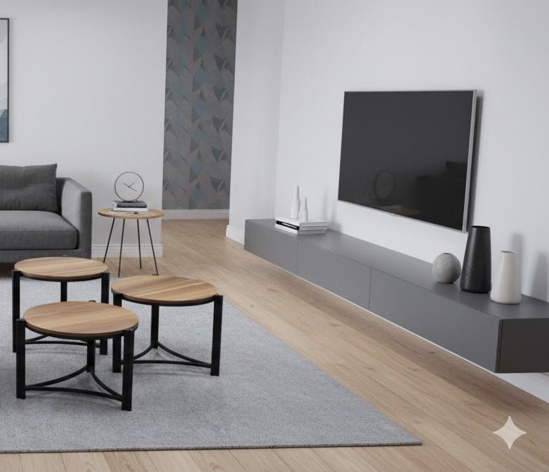 Vav Borulu Black Wood Top 3 Side Tables