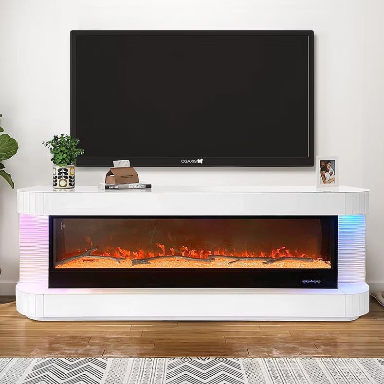 White Mirrored TV Stand with Fireplace