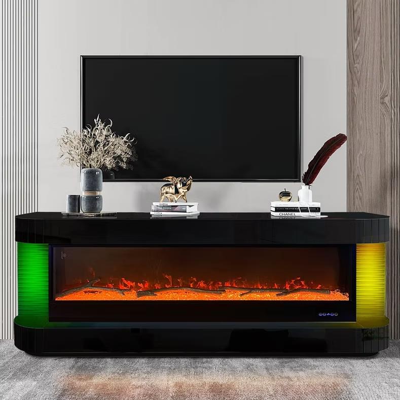 Black Mirrored TV Stand with Fireplace