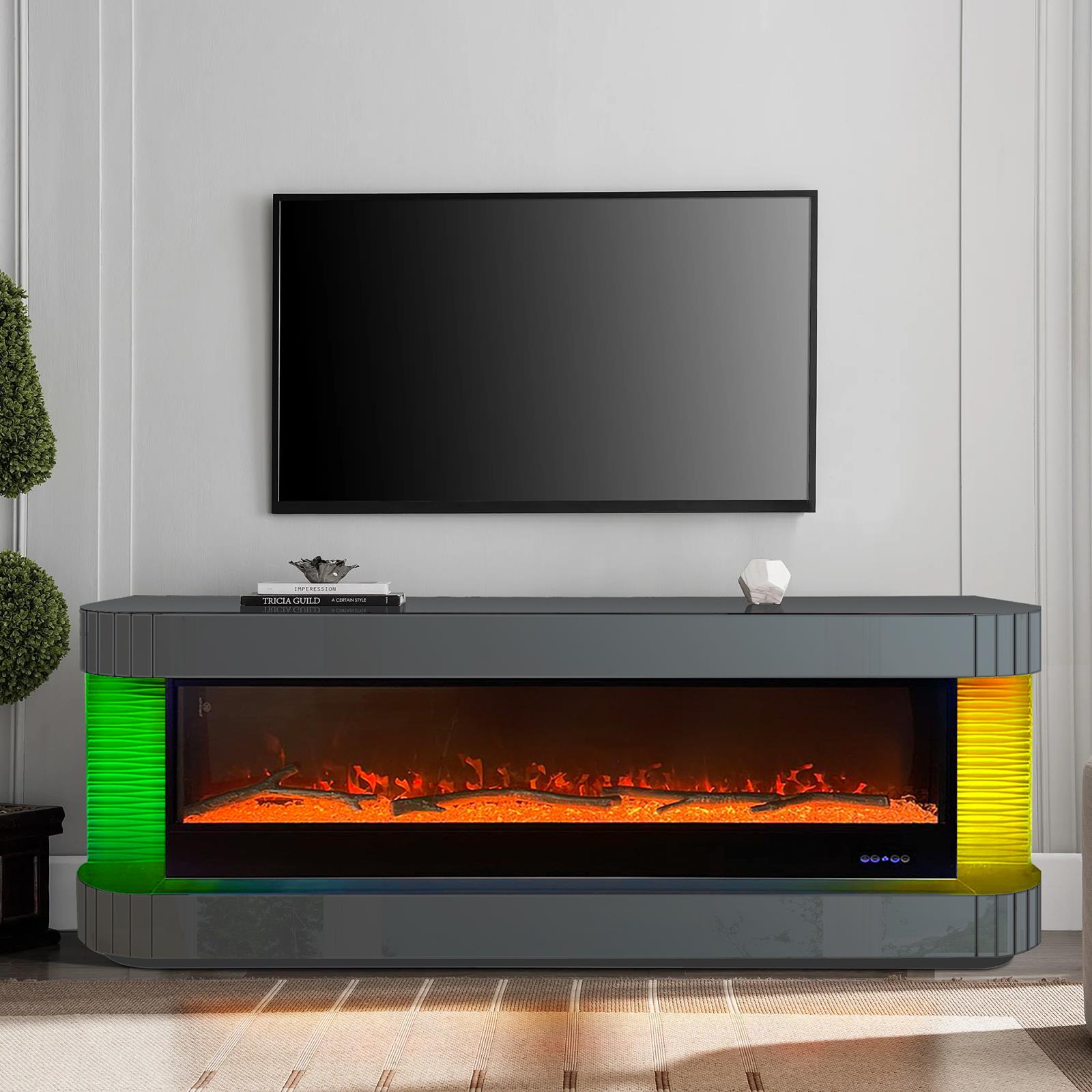 Gray Mirrored TV Stand with Fireplace