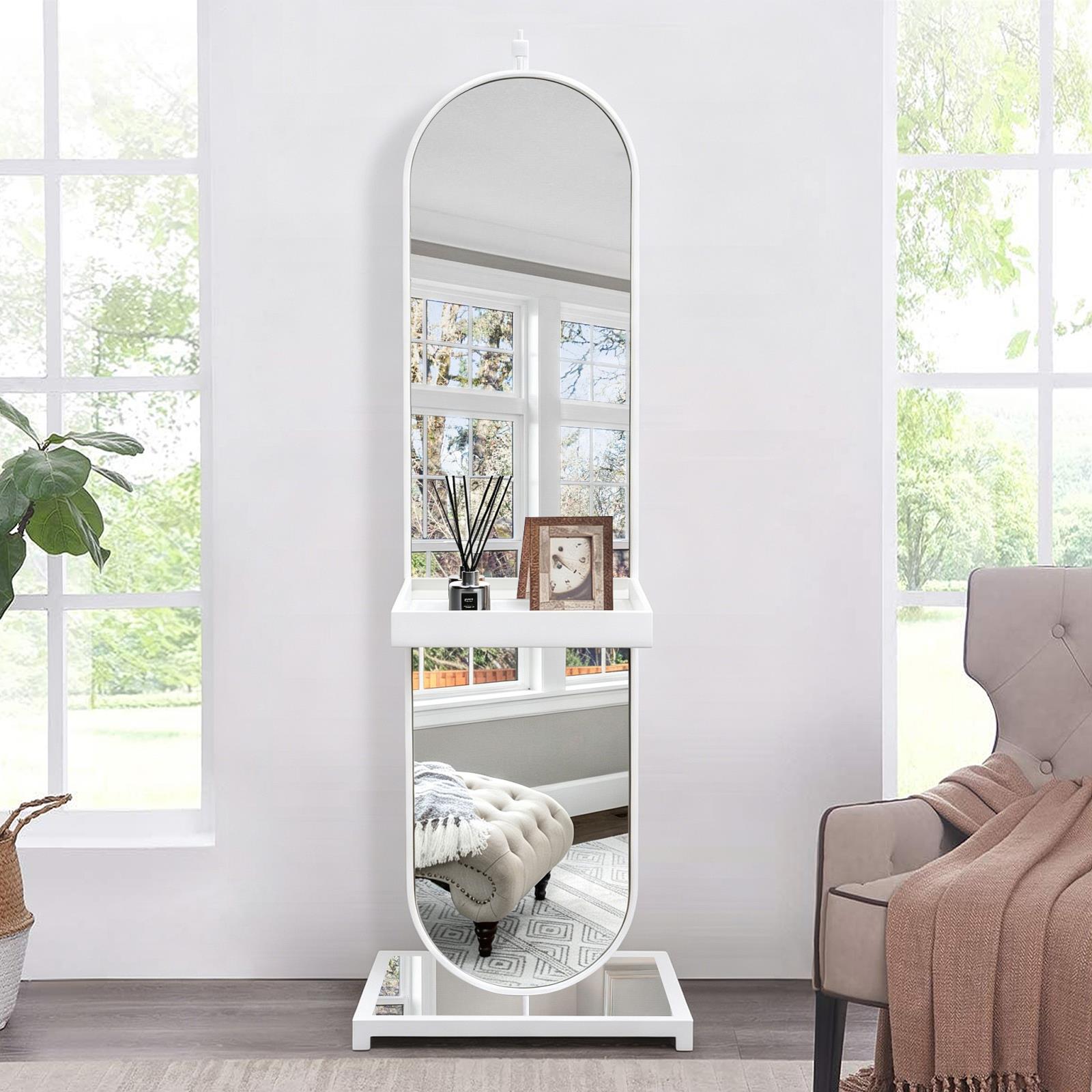 White Frame Rotating Full Length Floor Mirror with Coat Rack