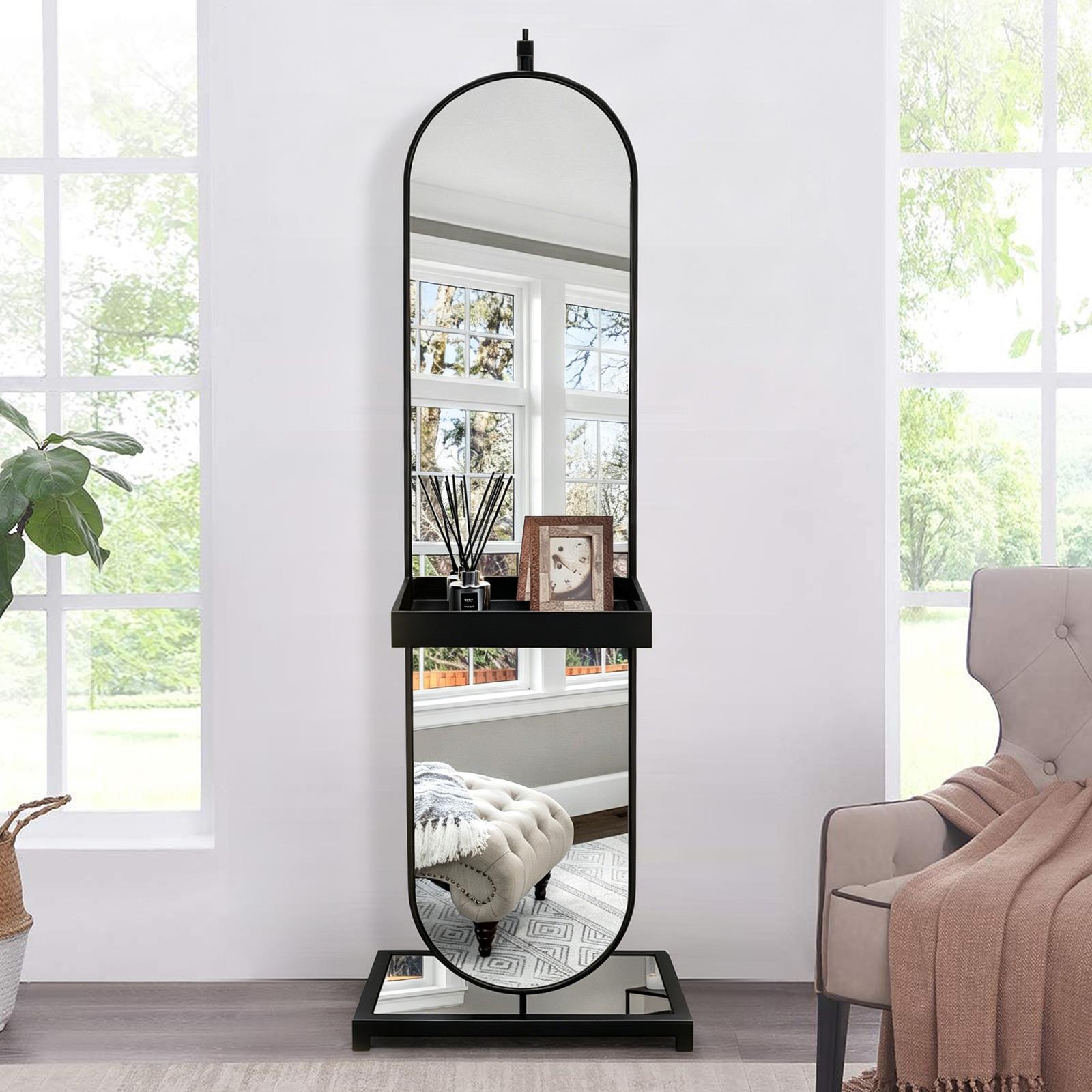 Black Frame Rotating Full Length Floor Mirror with Coat Rack