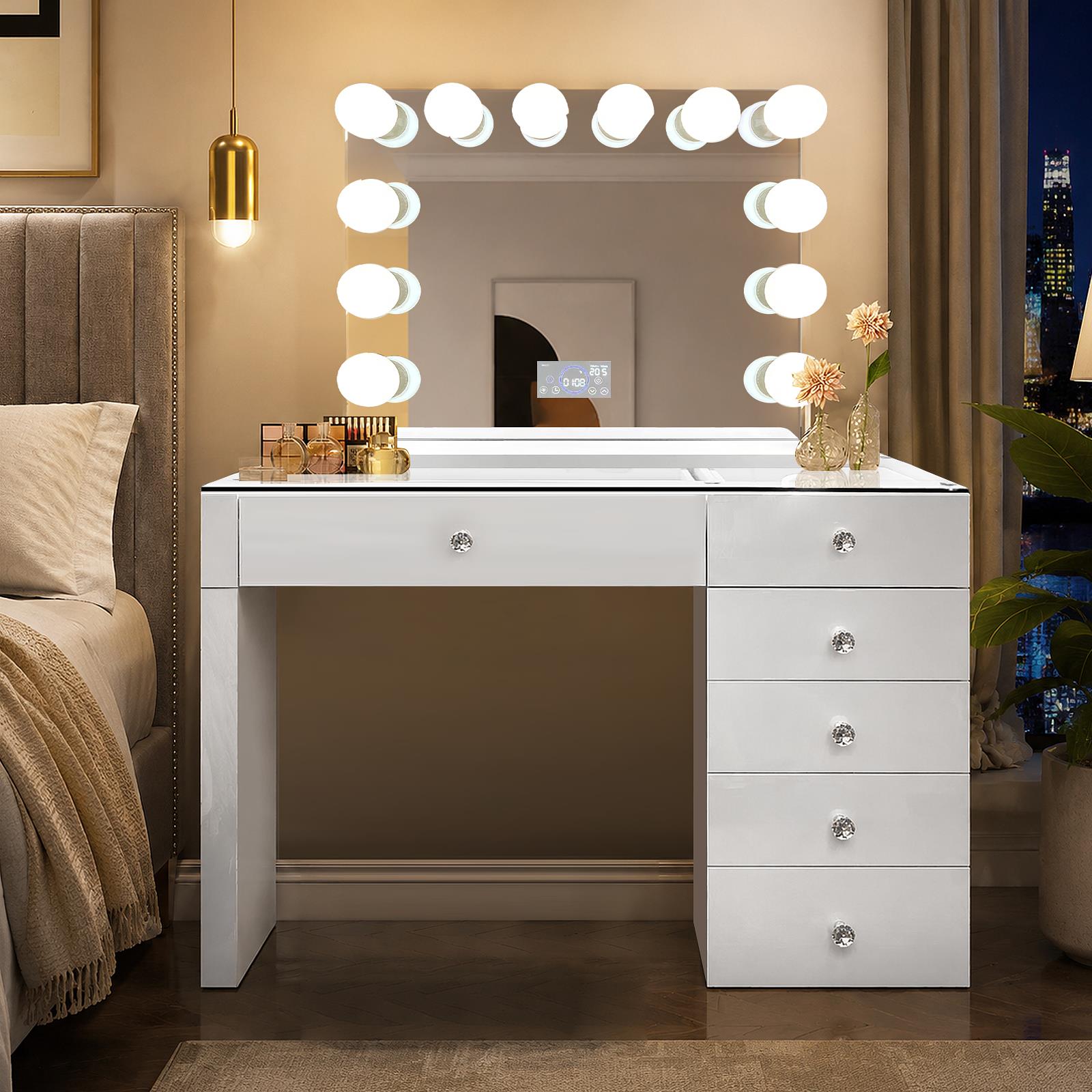 Vanity Desk with 6 Drawer, LED Lights