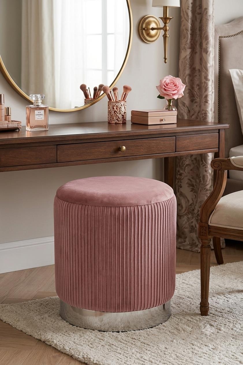 Pink Round Pleated Stylish Vanity Stool