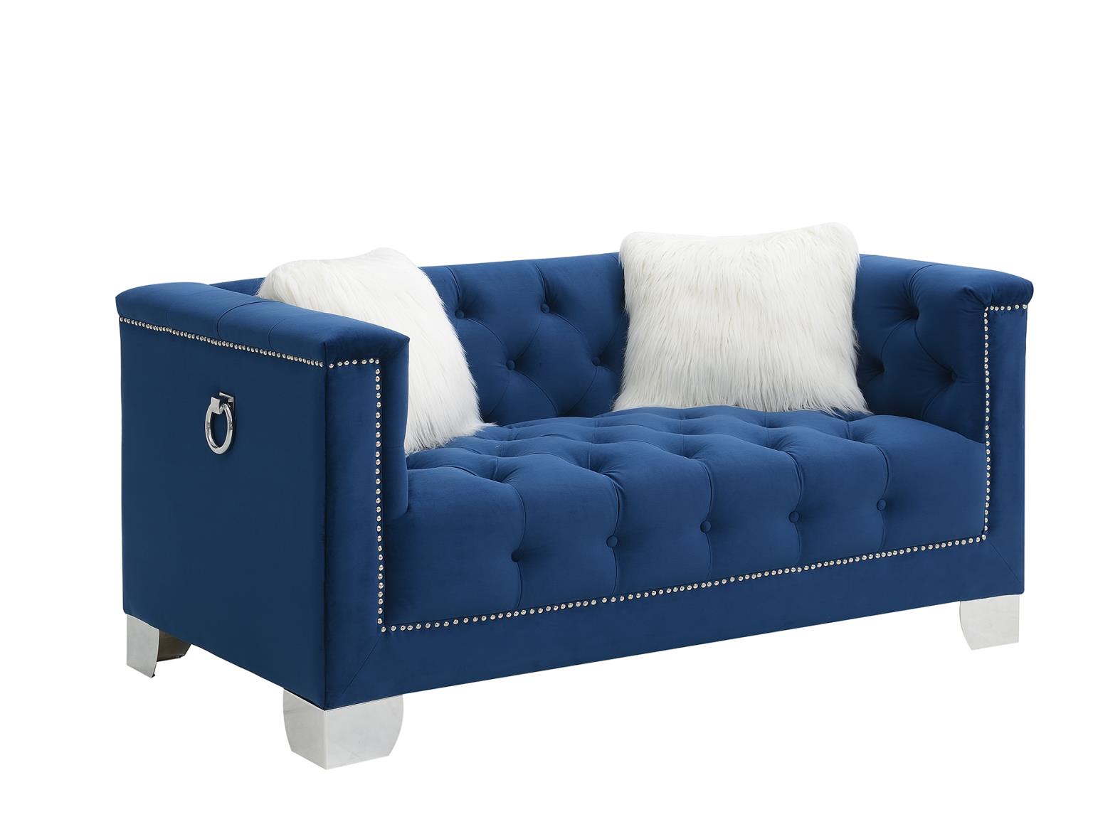 Navy Loveseat W/Two White Fur Pillows — photo 2