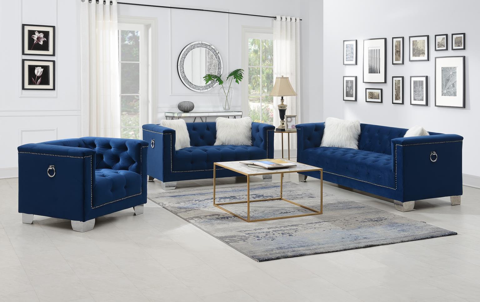 Navy Loveseat W/Two White Fur Pillows