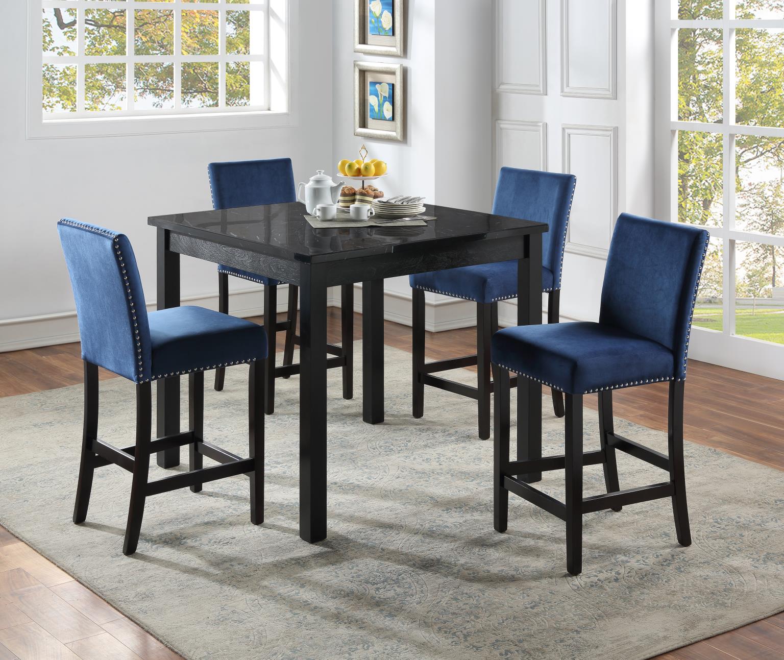 Black Marble Dining Table W/ 4 Blue Velvet Chairs — photo 2