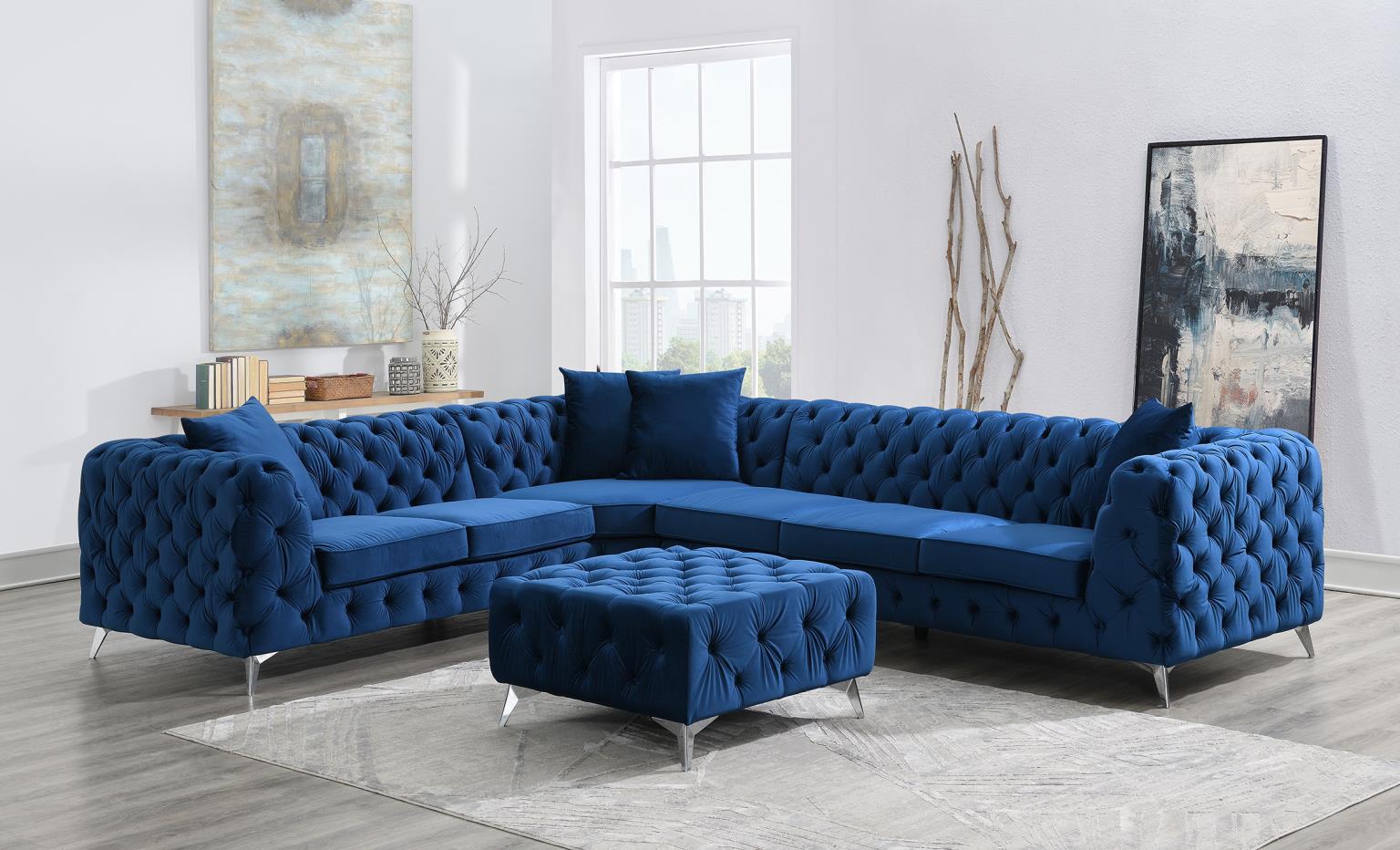 Dark Blue Velvet 3 PC Sectional