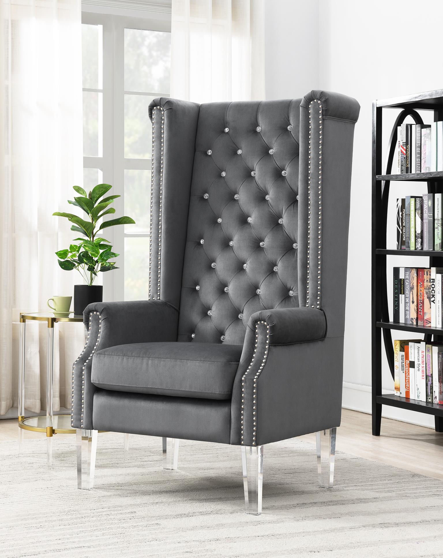 High Back Velvet Wing Chair W Acrylic Legs