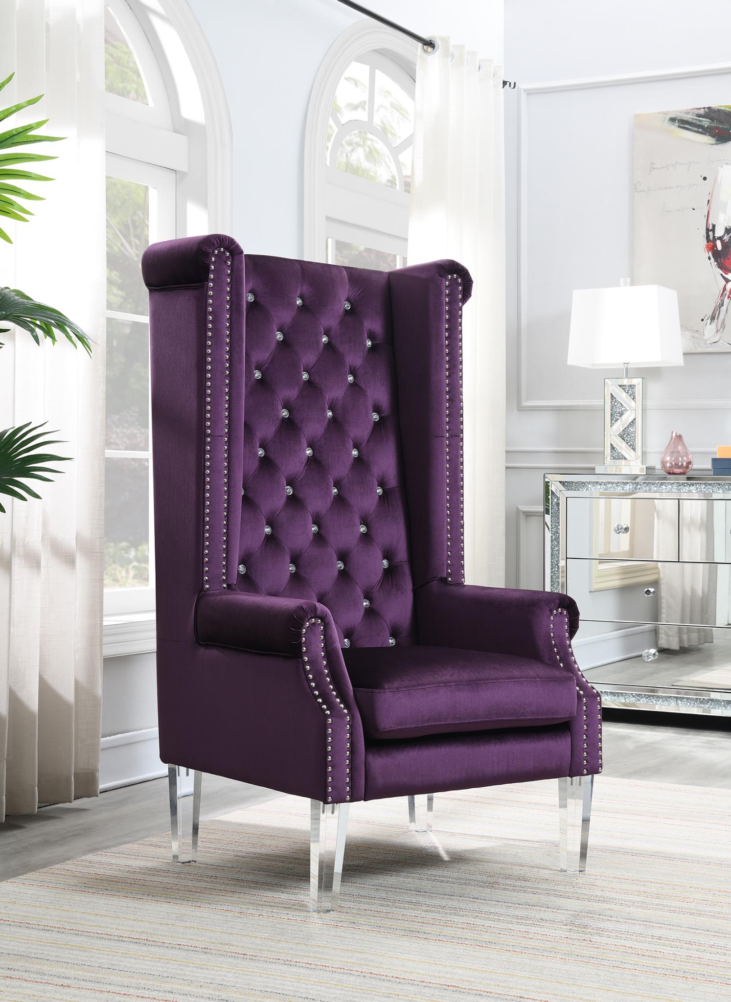 High Back Velvet Wing Chair W Acrylic Legs — photo 3