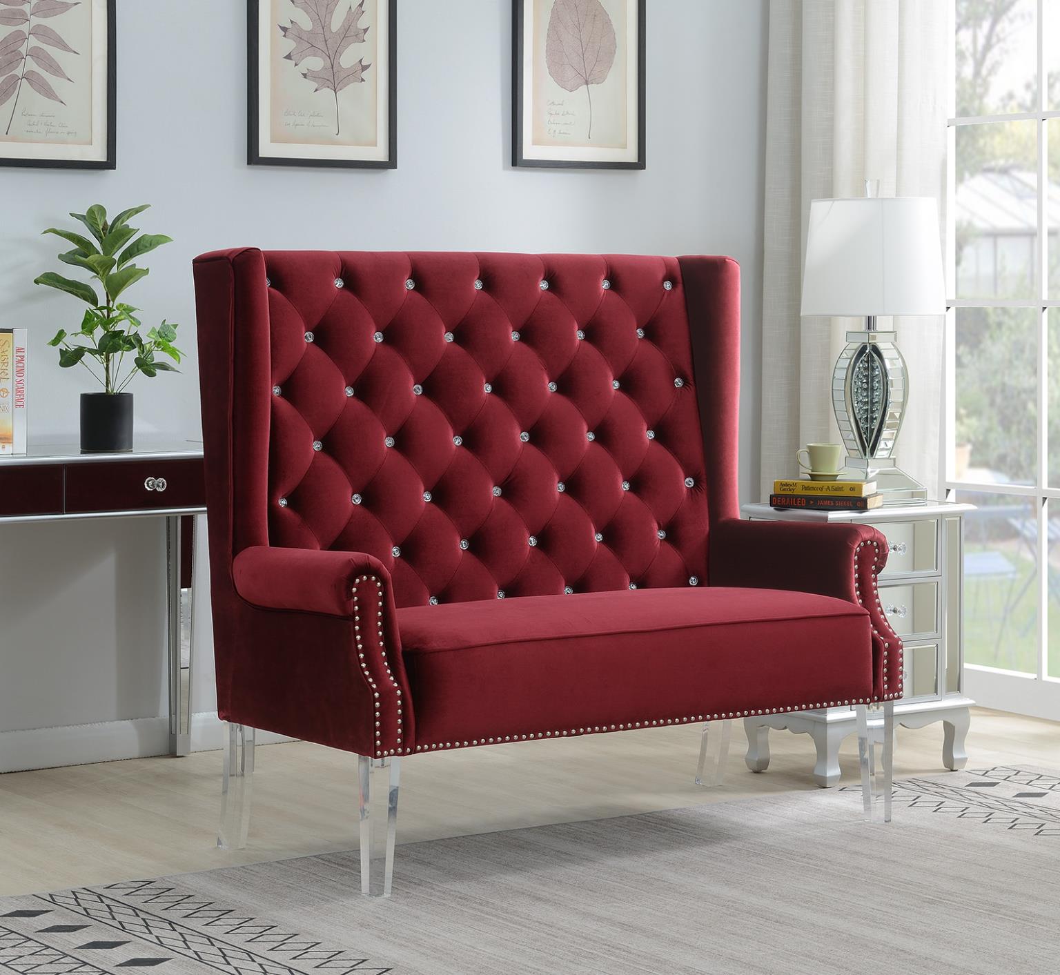 High Back Velvet Wing Bench W Acrylic Legs