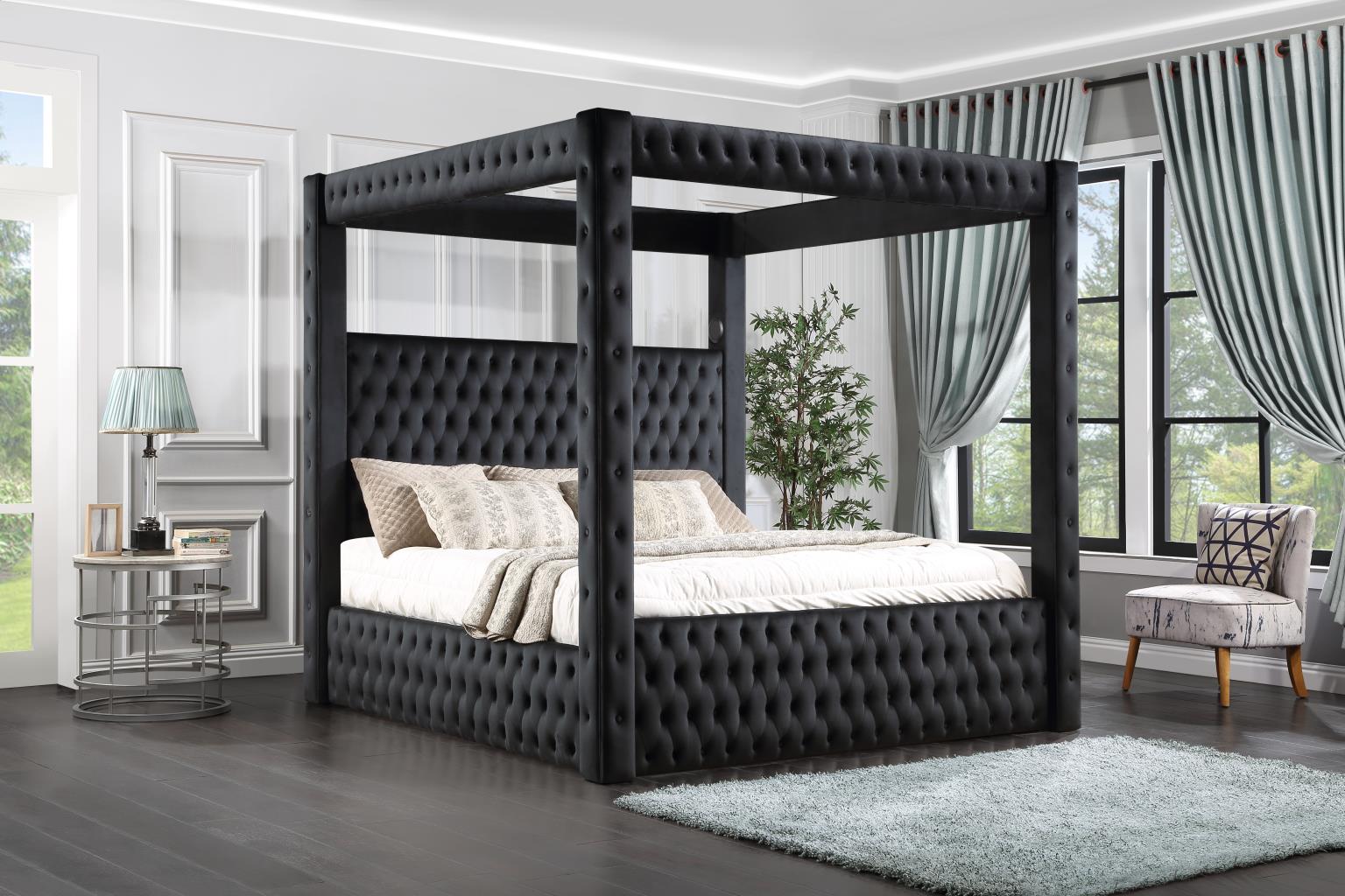 Black Velvet Canopy Bed W Bluetooth Speaker USB