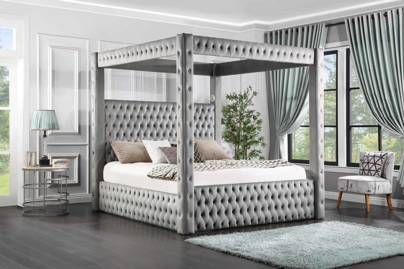 Gray Velvet Canopy Bed W Bluetooth Speaker USB