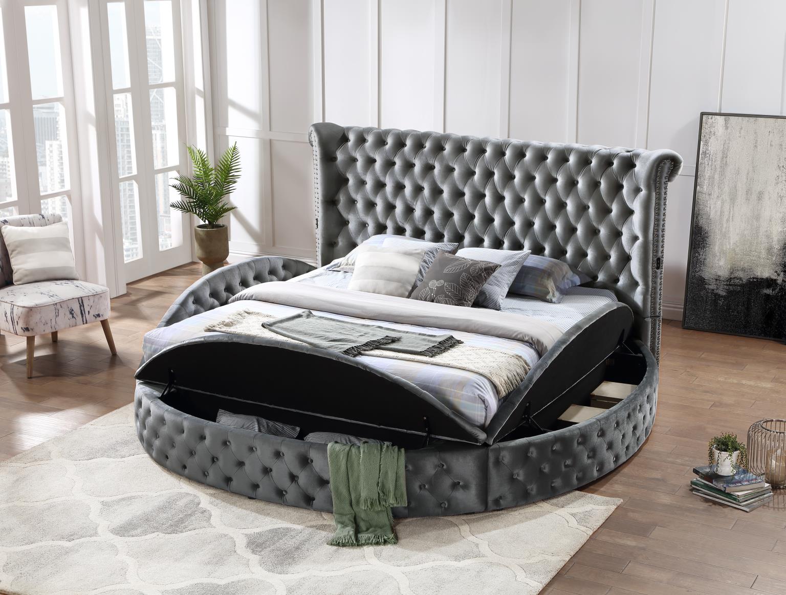 Gray Velvet Queen Bed W/Bluetooth Speaker & USB