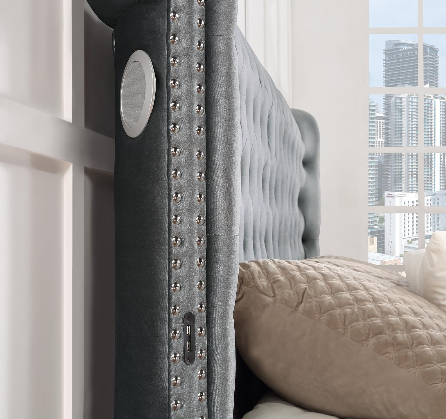 Gray Velvet Queen Bed W/Bluetooth Speaker & USB — photo 2