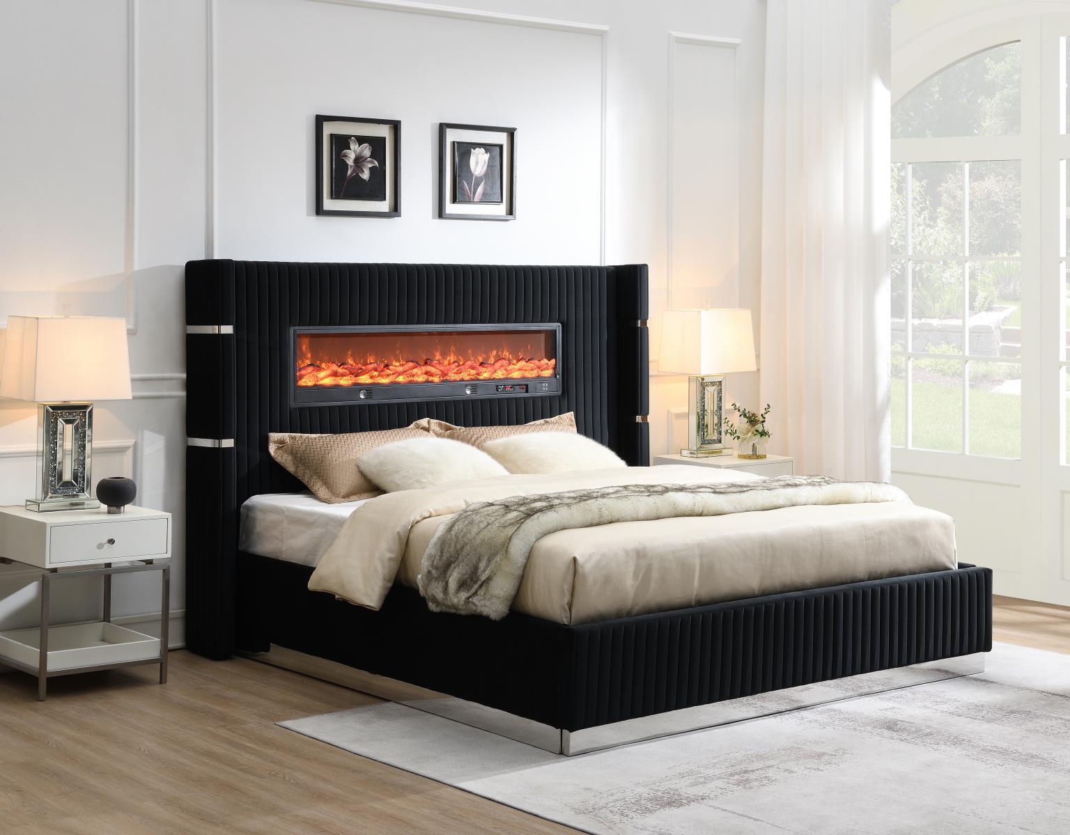 Black Velvet Bed W Fireplace Bluetooth Speaker USB