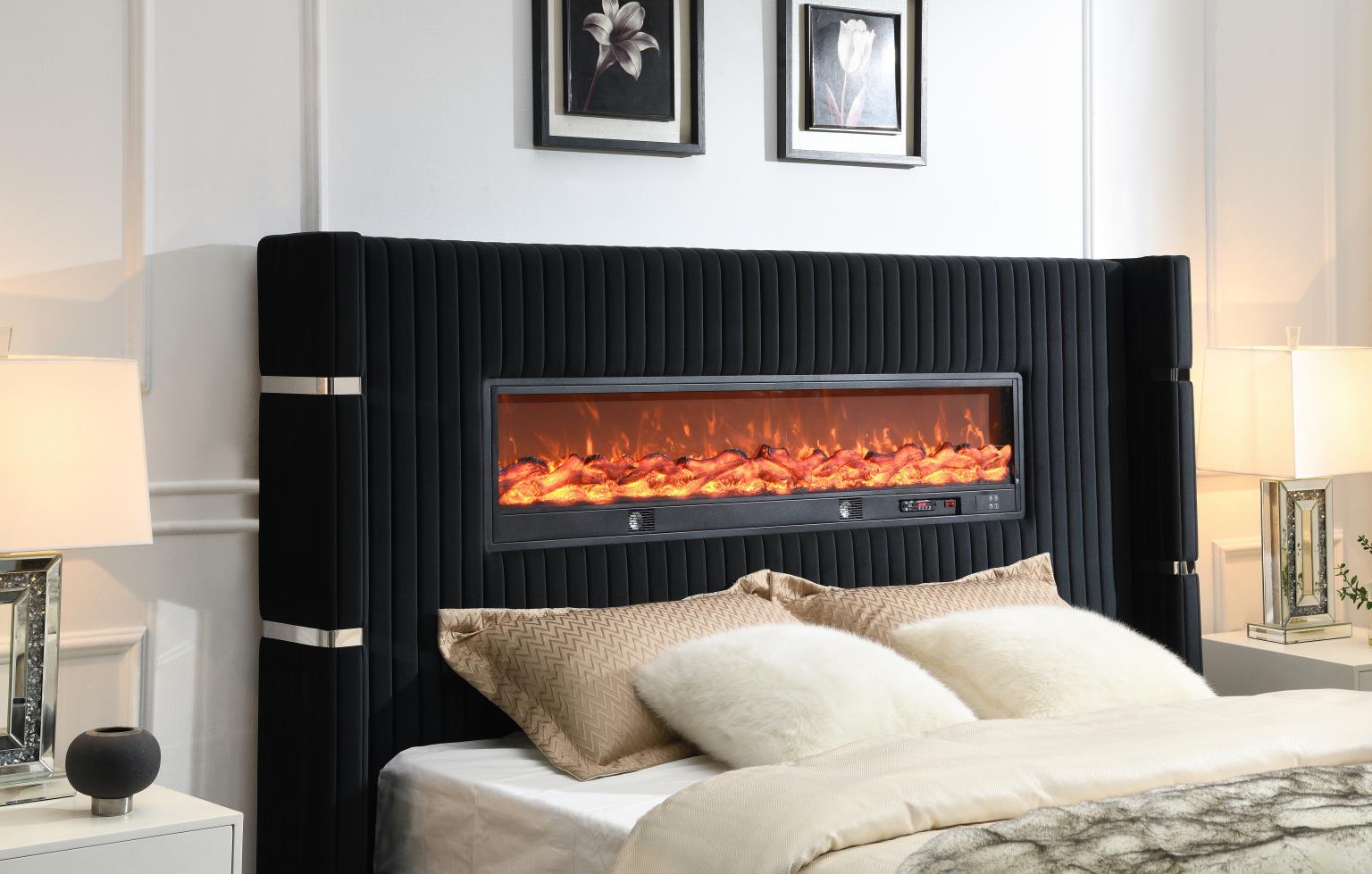 Black Velvet Bed W Fireplace Bluetooth Speaker USB — photo 2