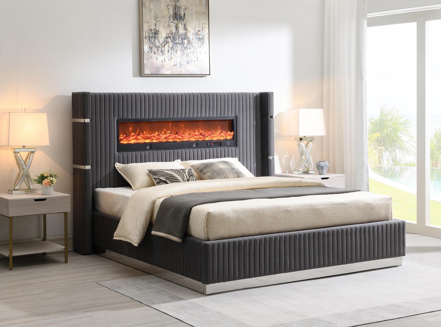 Gray Velvet Bed W Fireplace Bluetooth Speaker USB