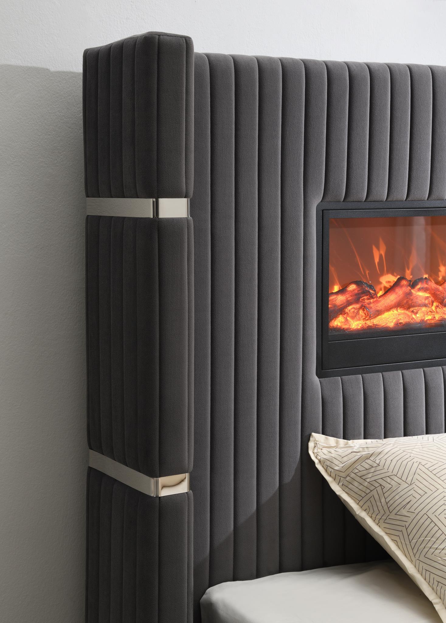Black Velvet Bed W Fireplace Bluetooth Speaker USB — photo 4