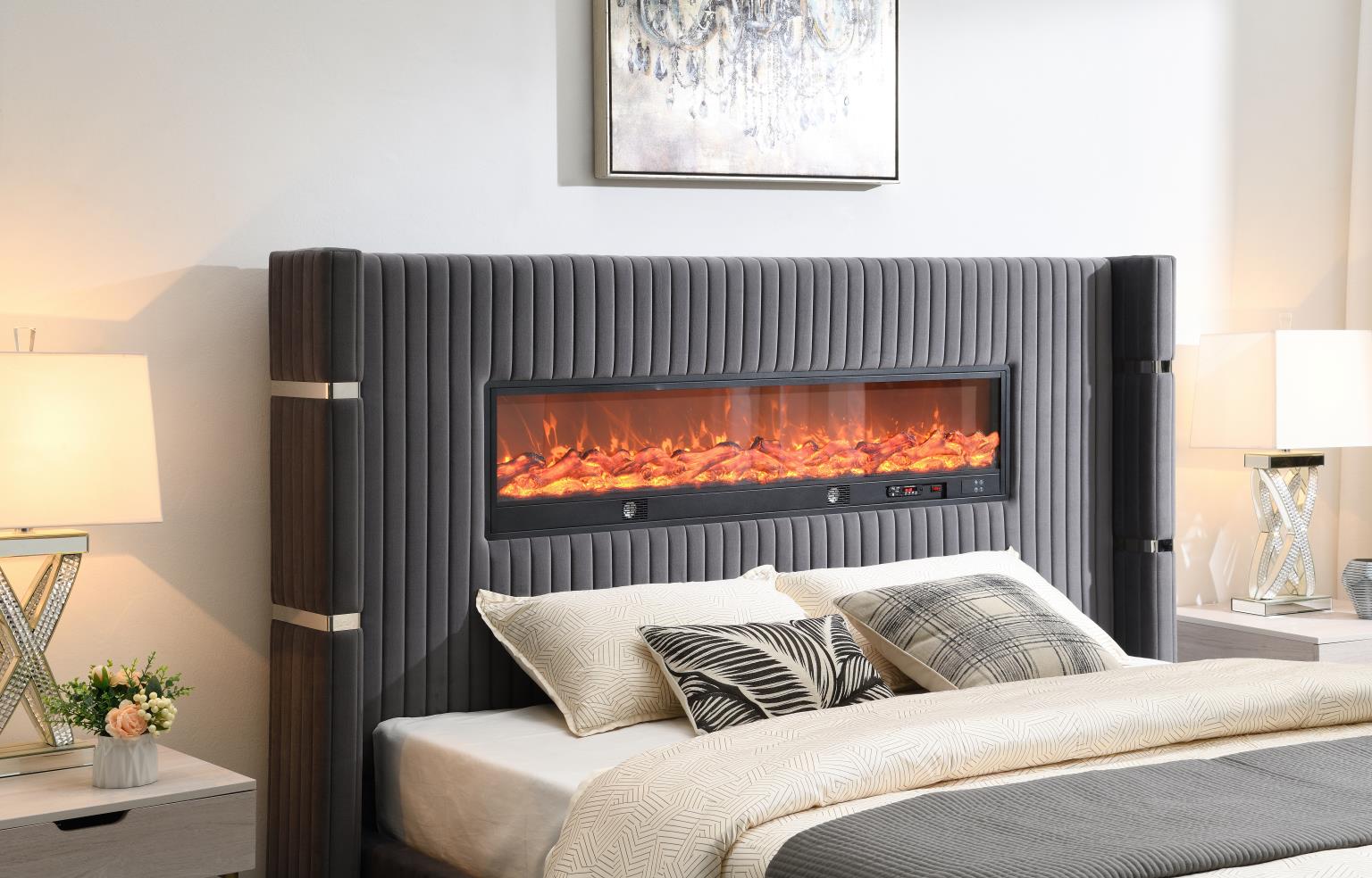 Gray Velvet Bed W Fireplace Bluetooth Speaker USB — photo 2