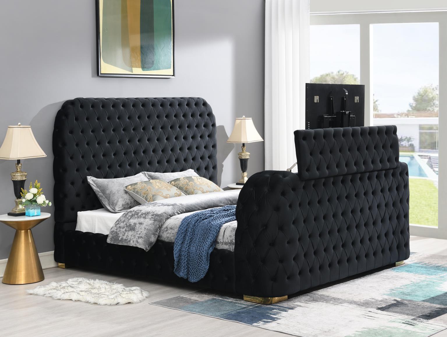 Black Velvet Bed W Fireplace TV Mount Bluetooth Speaker USB