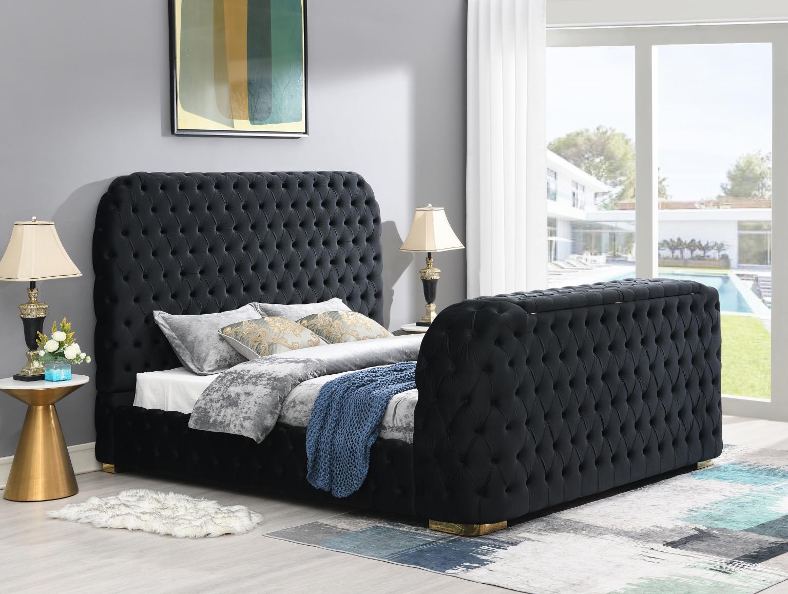 Black Velvet Bed W Fireplace TV Mount Bluetooth Speaker USB — photo 4
