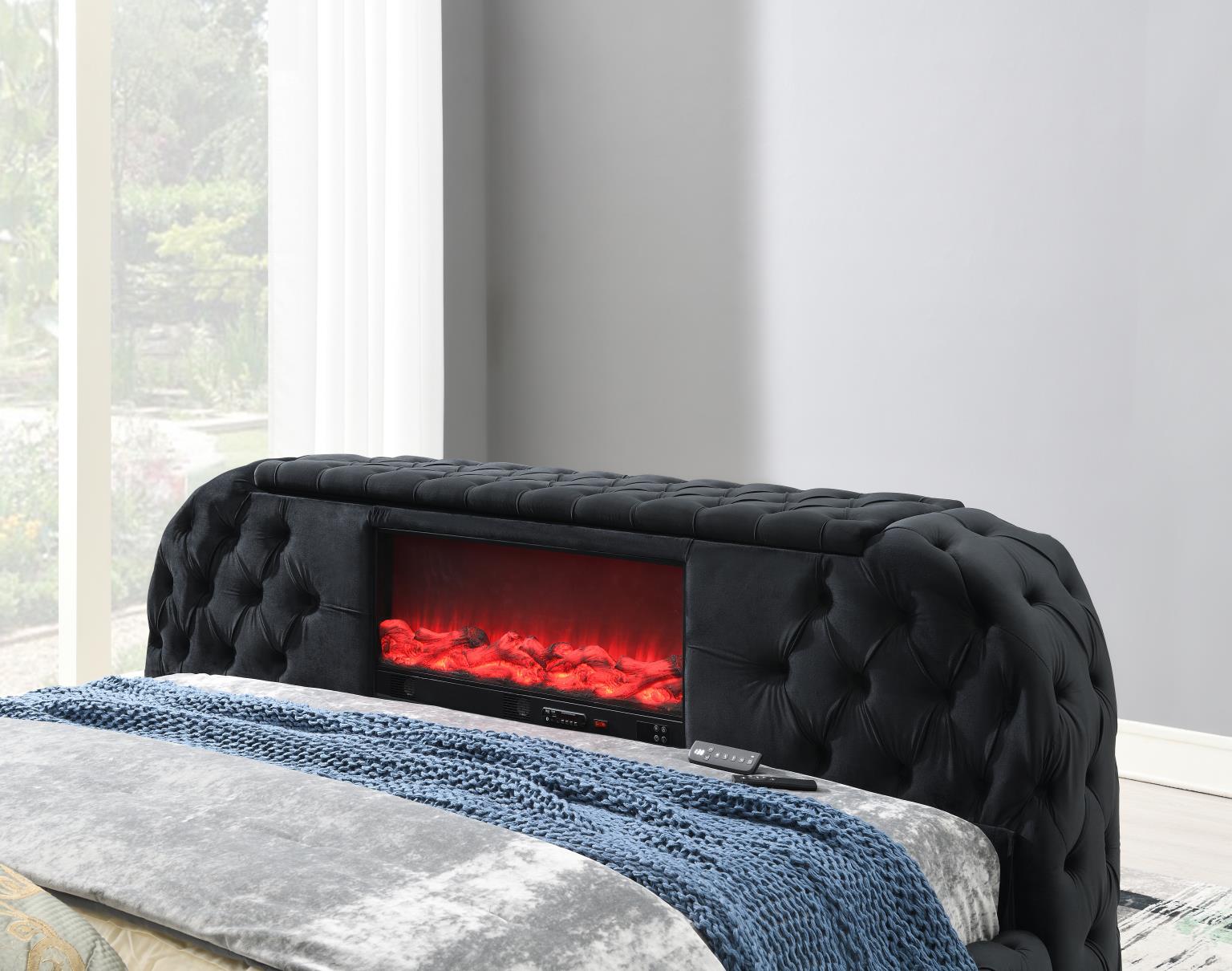 Black Velvet Bed W Fireplace TV Mount Bluetooth Speaker USB — photo 3