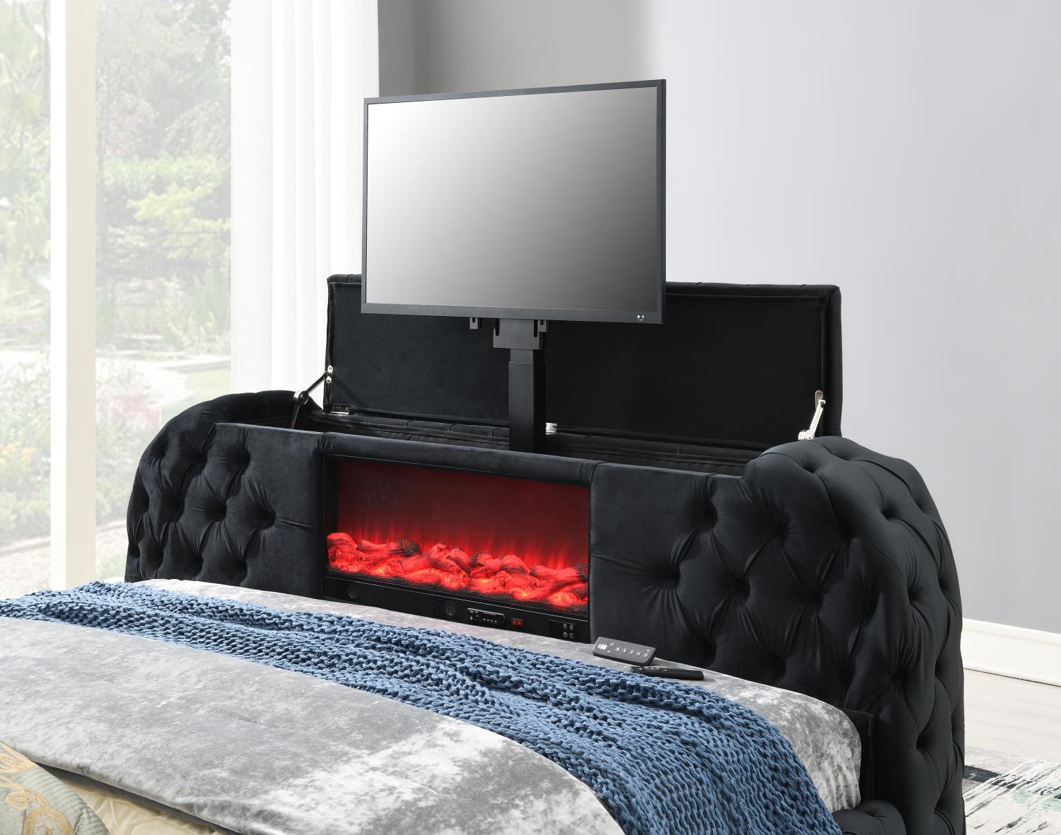 Black Velvet Bed W Fireplace TV Mount Bluetooth Speaker USB — photo 2