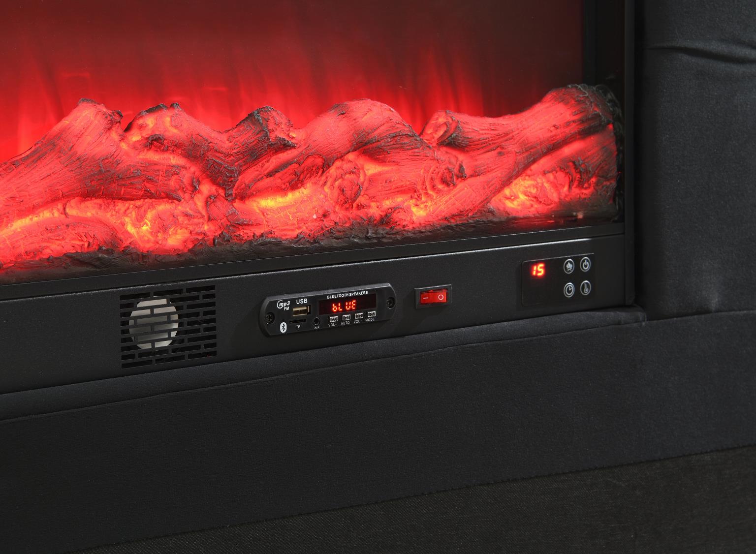Black Velvet Bed W Fireplace TV Mount Bluetooth Speaker USB — photo 5