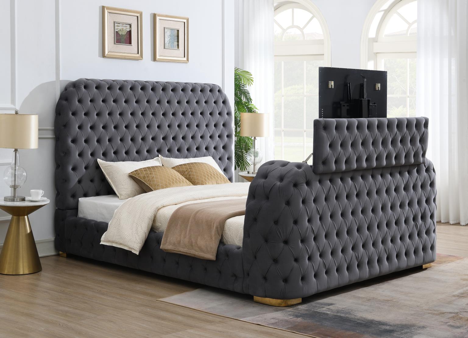 Gray Velvet Bed W Fireplace TV Mount Bluetooth Speaker USB