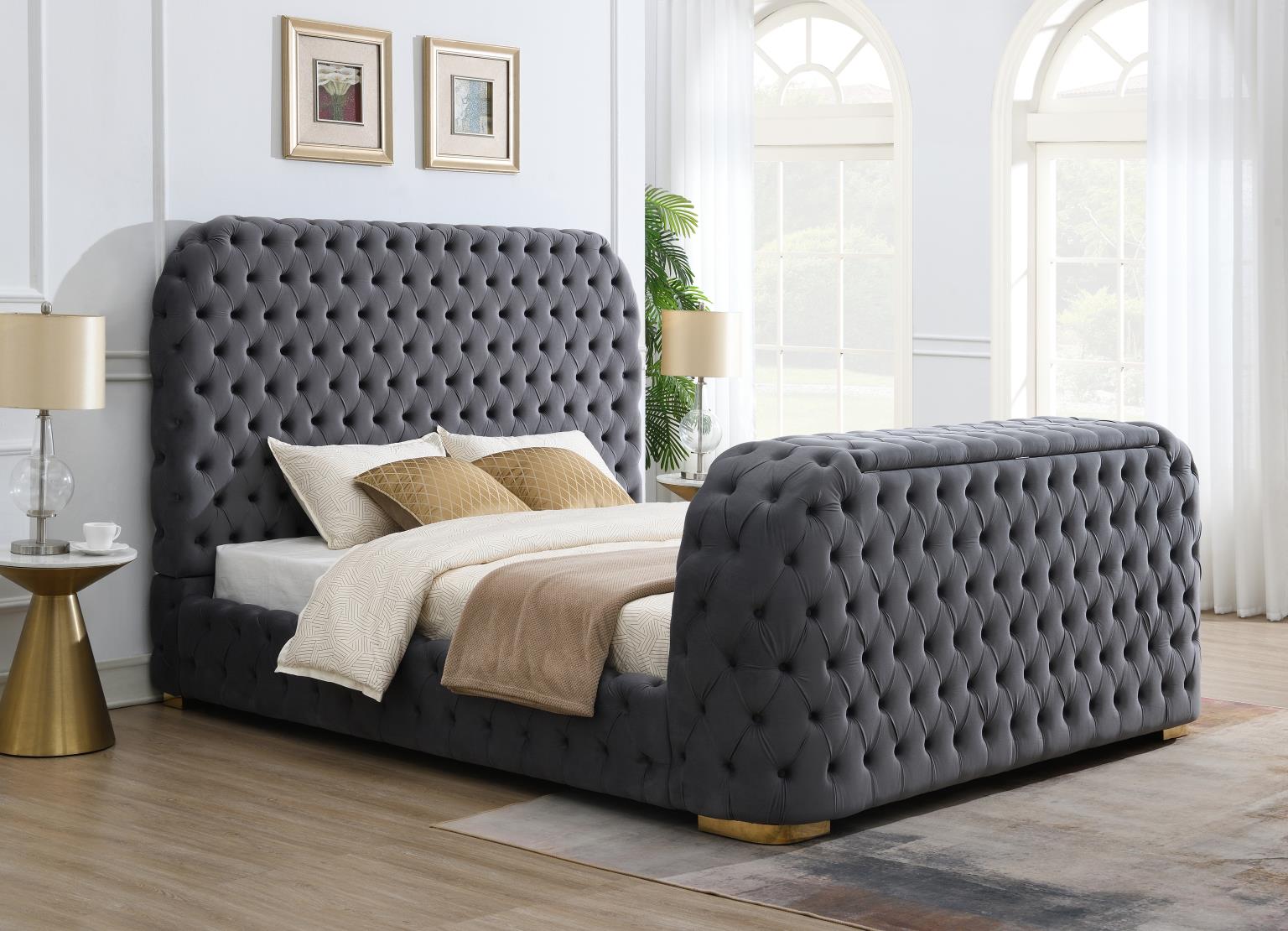 Gray Velvet Bed W Fireplace TV Mount Bluetooth Speaker USB — photo 4