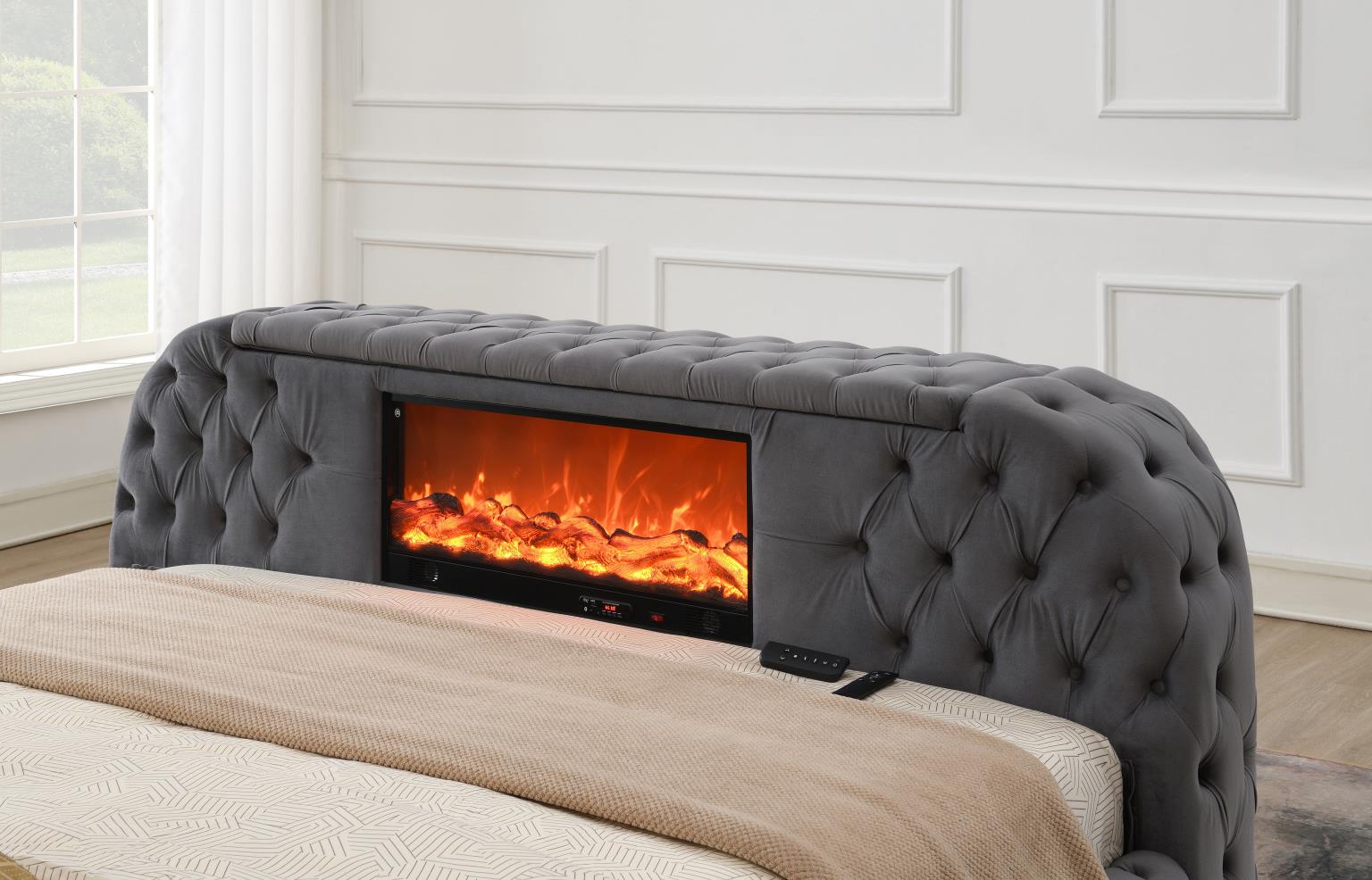 Gray Velvet Bed W Fireplace TV Mount Bluetooth Speaker USB — photo 3