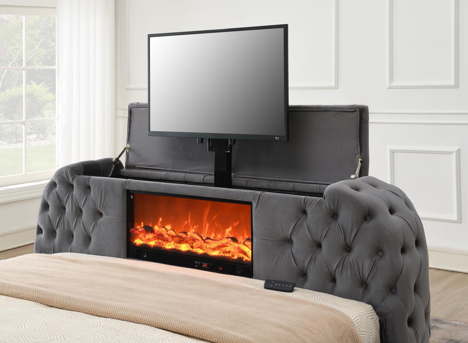 Gray Velvet Bed W Fireplace TV Mount Bluetooth Speaker USB — photo 2