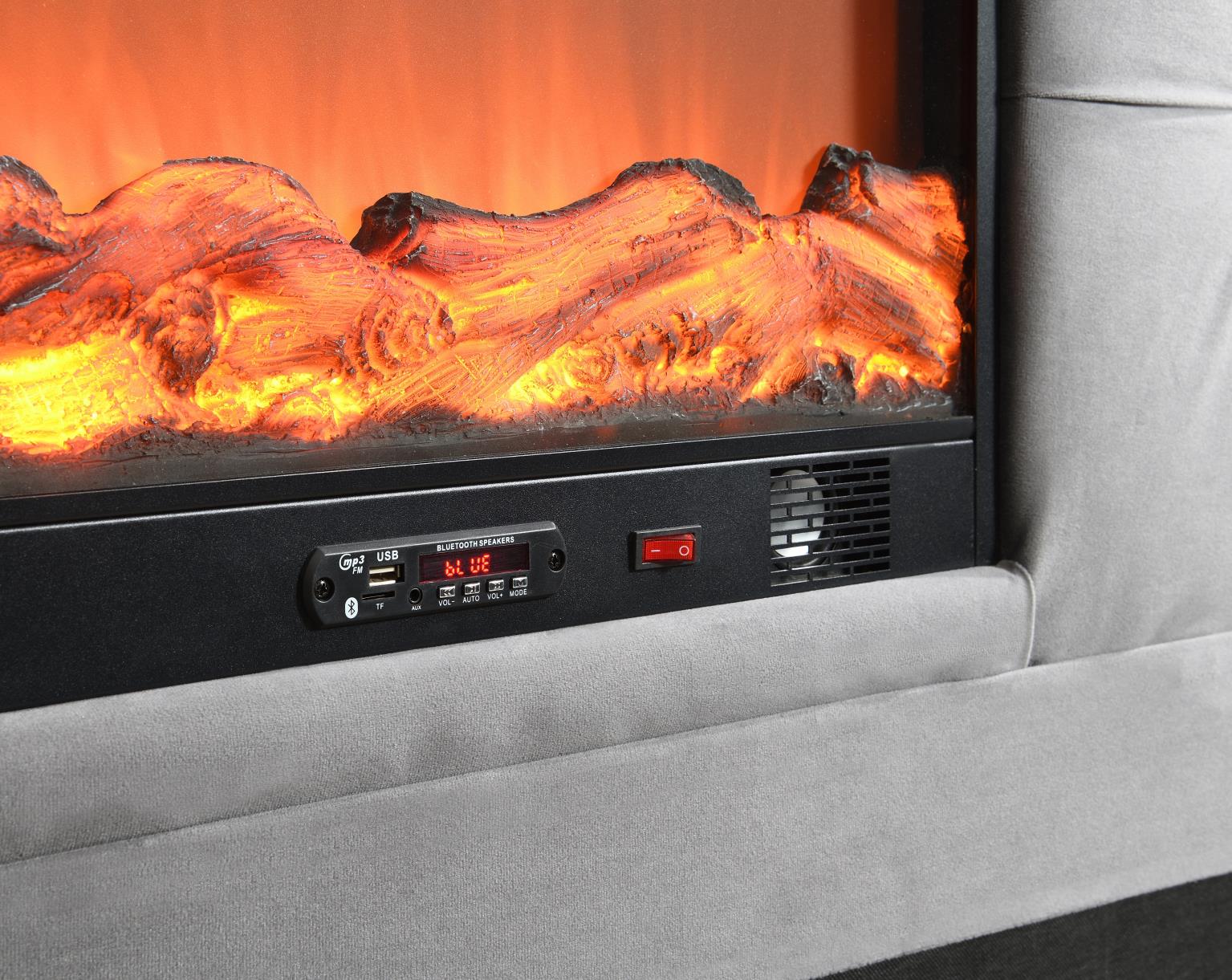 Gray Velvet Bed W Fireplace TV Mount Bluetooth Speaker USB — photo 5