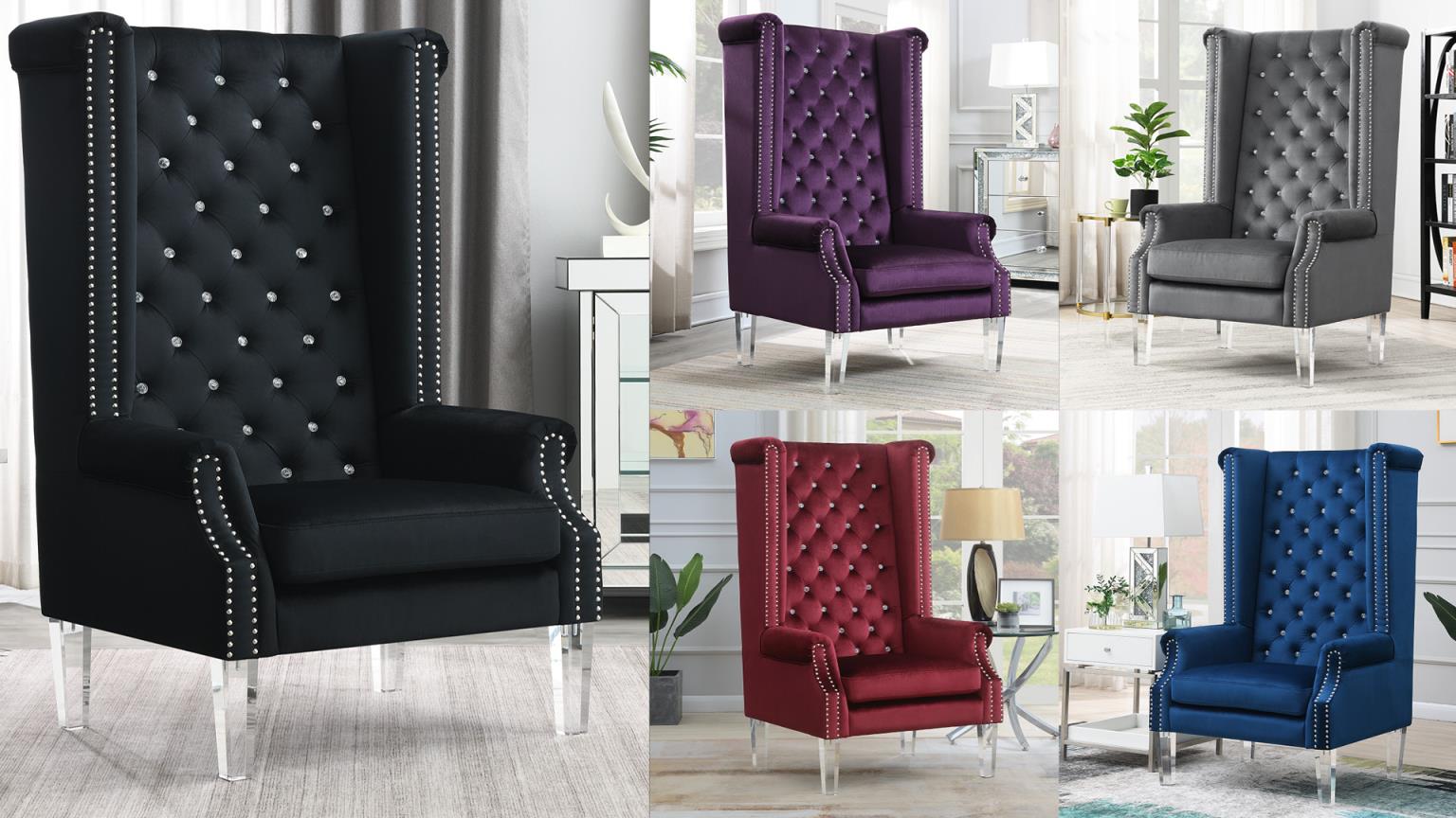 High Back Velvet Wing Chair W Acrylic Legs — photo 2