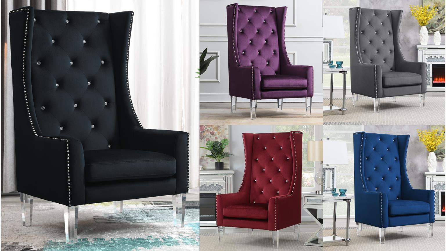 High Back Velvet Wing Chair W Acrylic Legs — photo 2