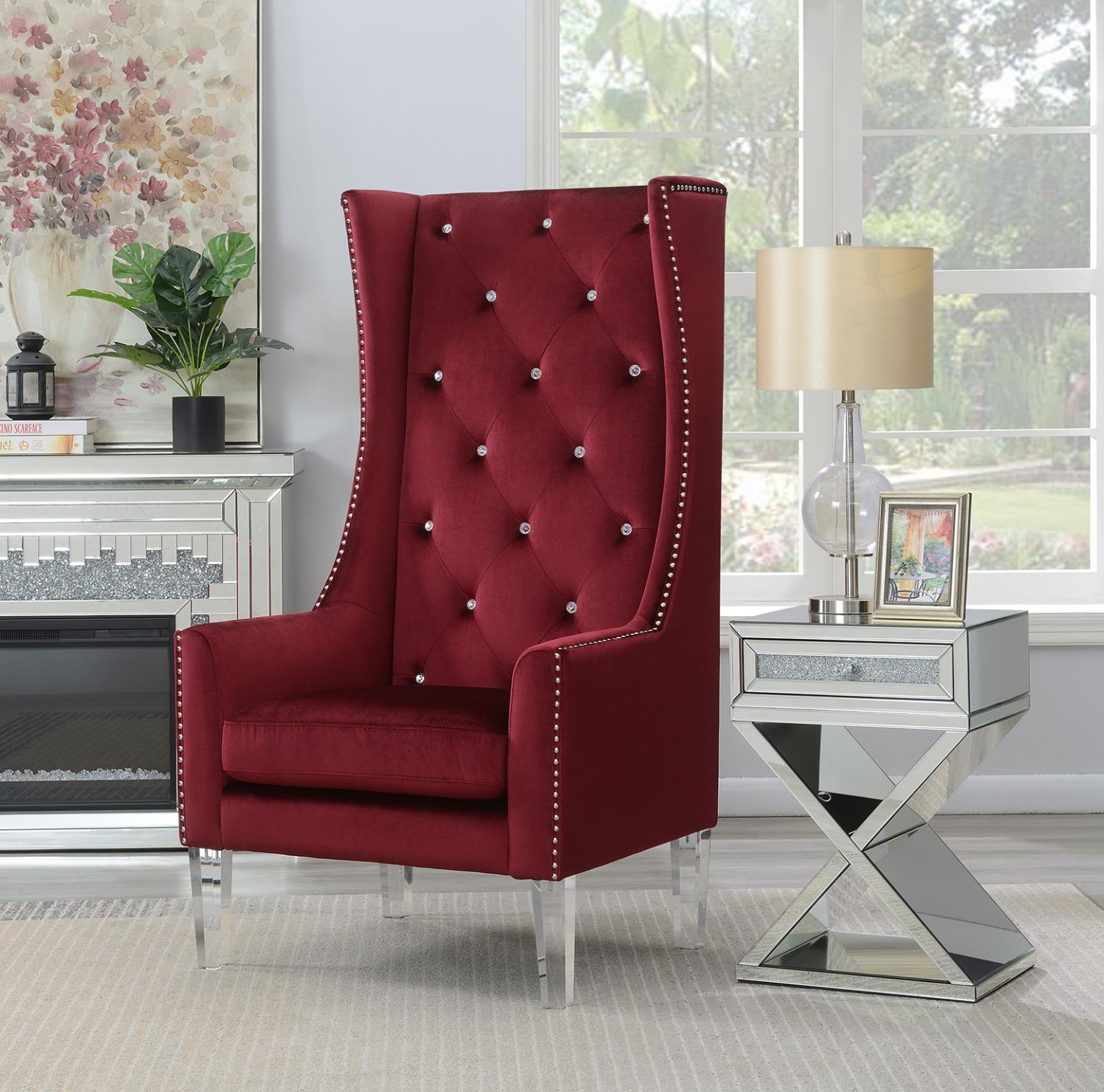 High Back Velvet Wing Chair W Acrylic Legs