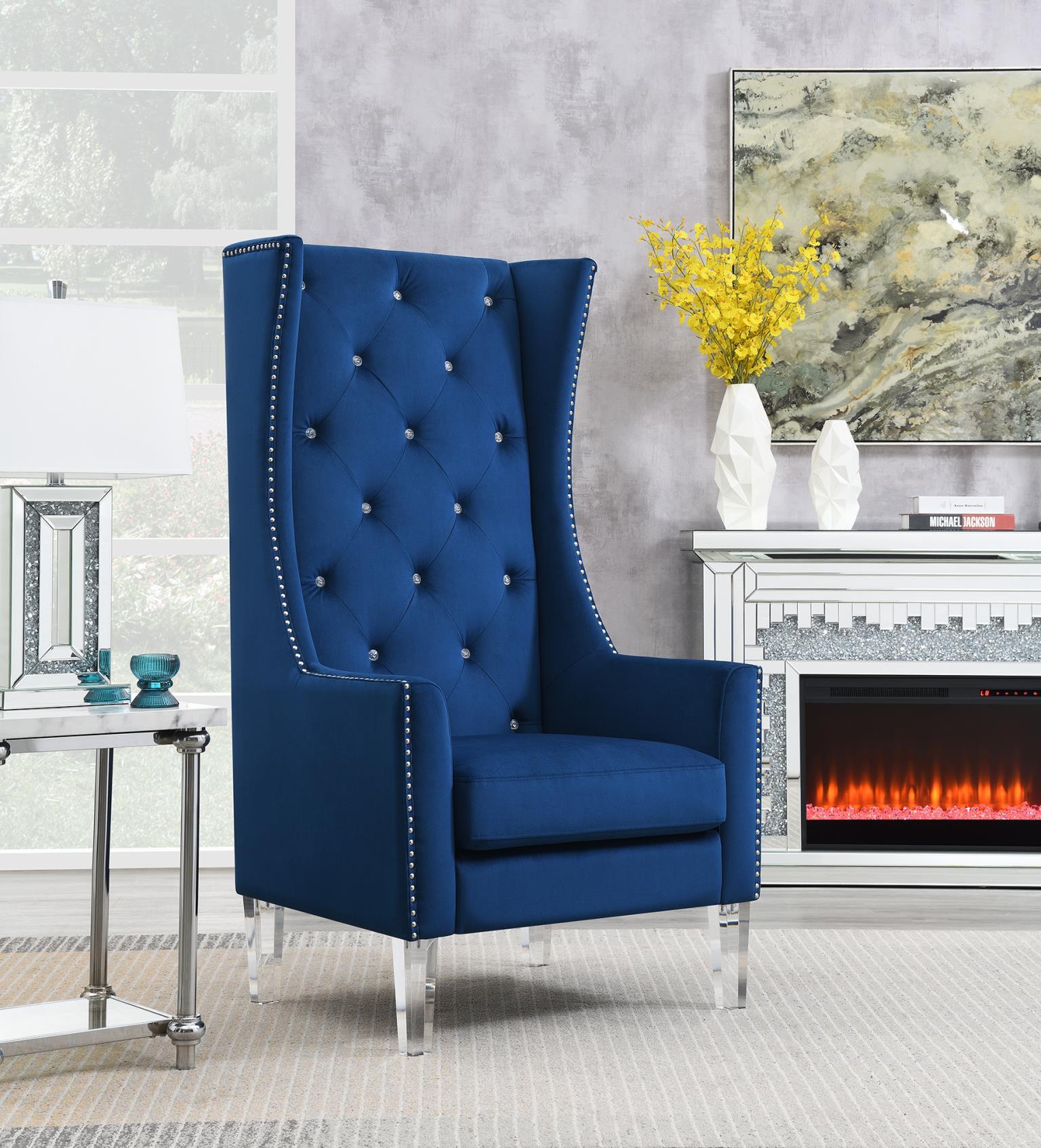 High Back Velvet Wing Chair W Acrylic Legs — photo 5