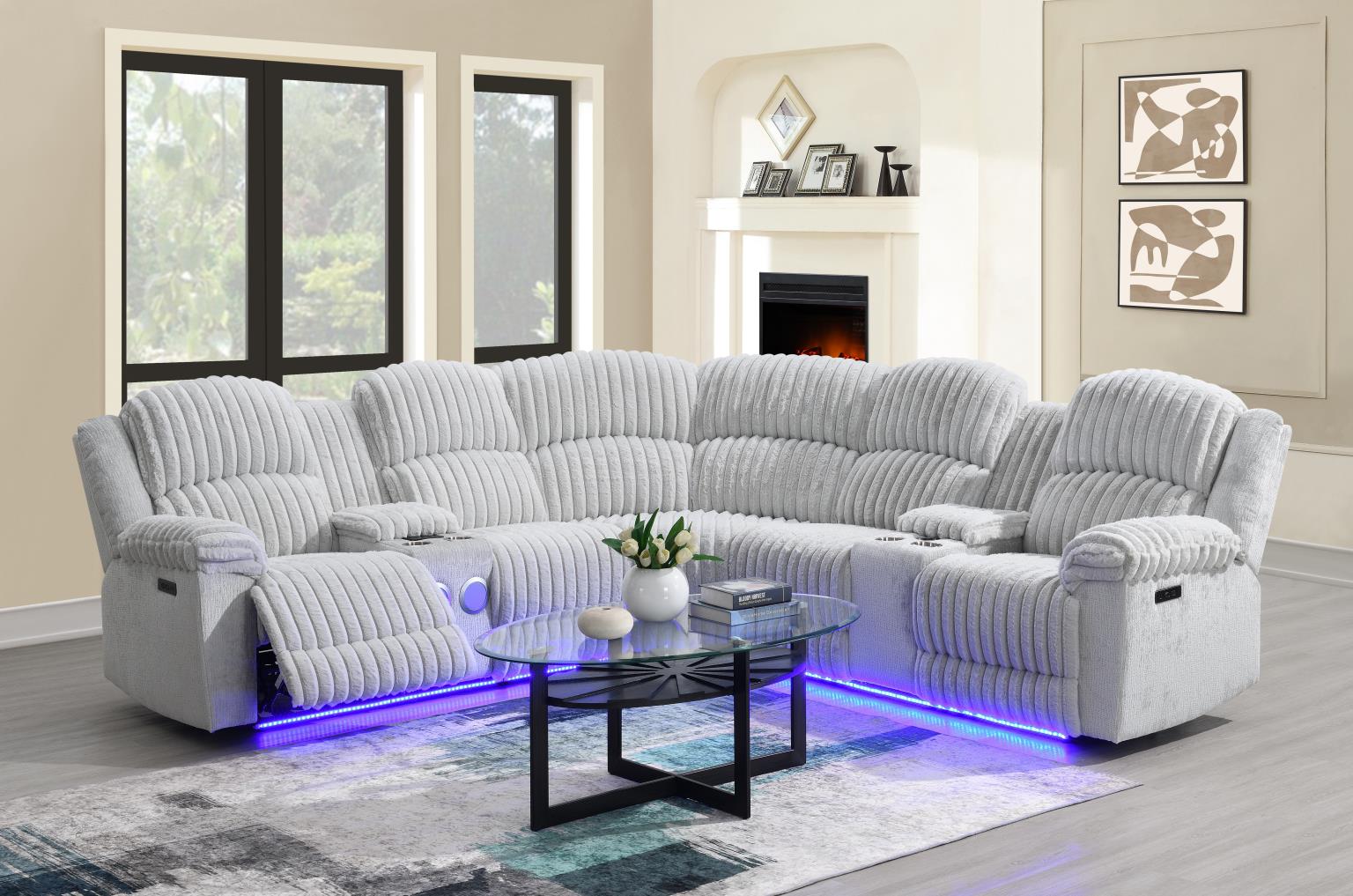 Gray Corduroy Power 3 PC Sectional W/Bluetooth Speaker, and Wireless Charger
