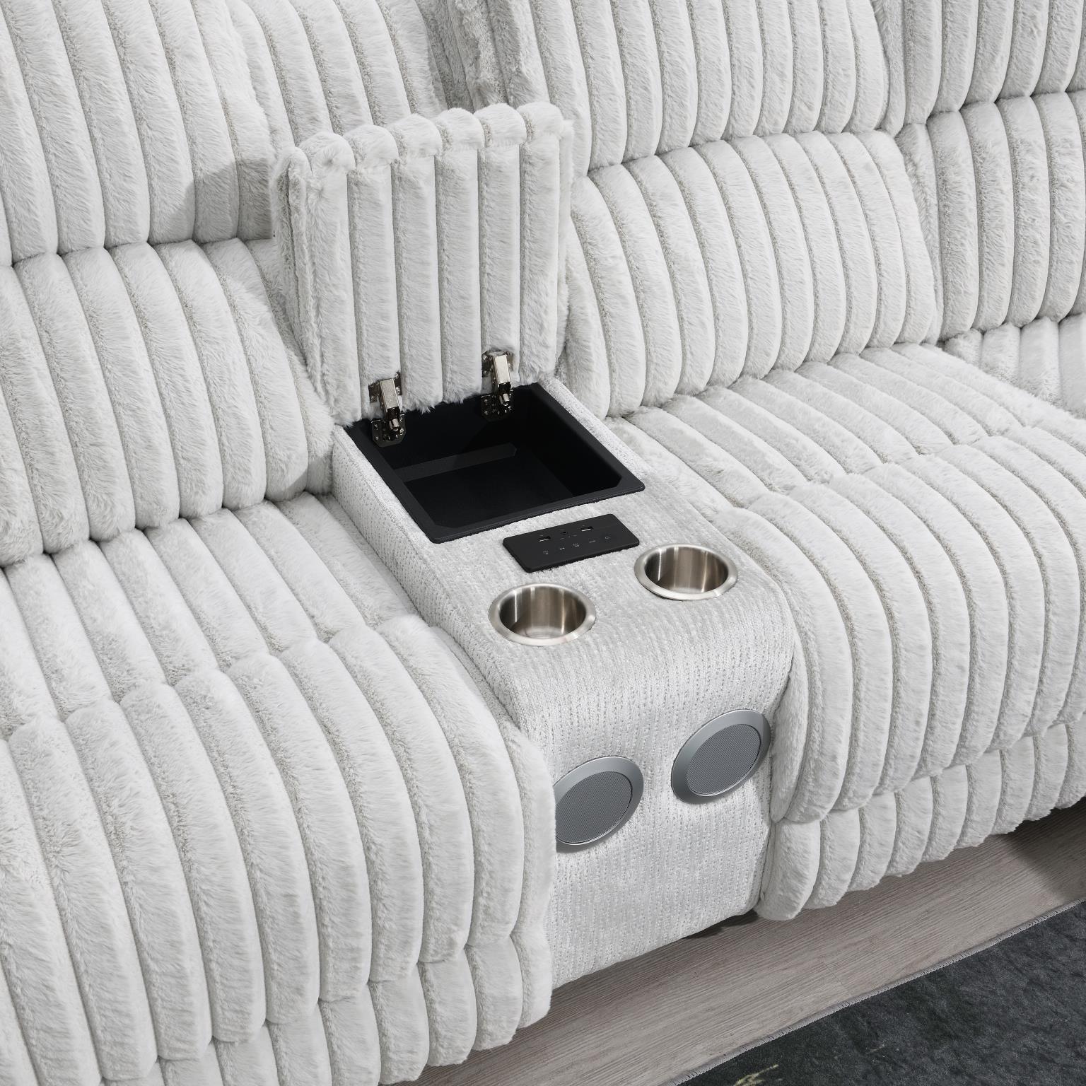 Gray Corduroy Power 3 PC Sectional W/Bluetooth Speaker, and Wireless Charger — photo 2