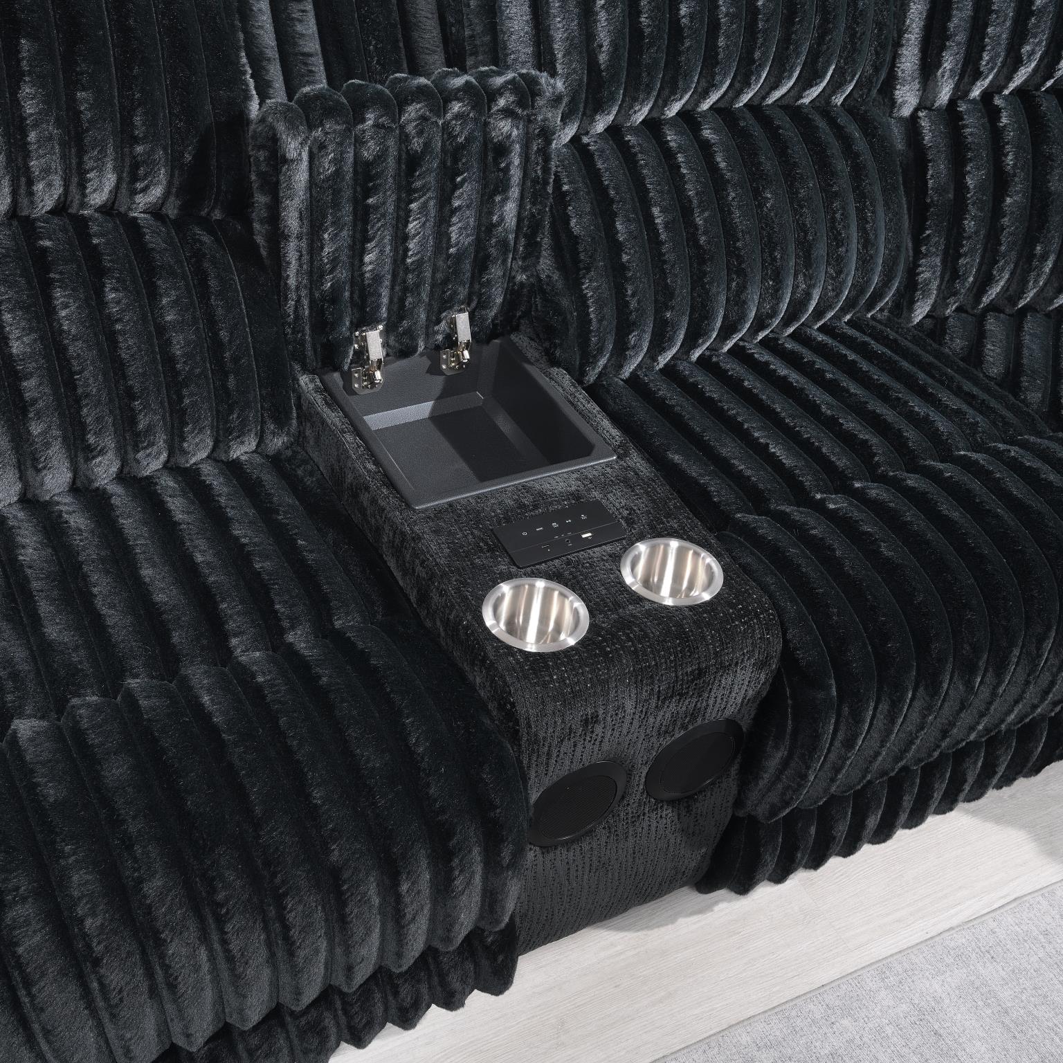 Black Corduroy Power 3 PC Sectional W/Bluetooth Speaker, and Wireless Charger — photo 2