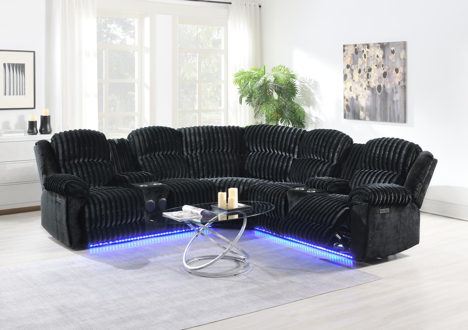 Black Corduroy Power 3 PC Sectional W/Bluetooth Speaker, and Wireless Charger