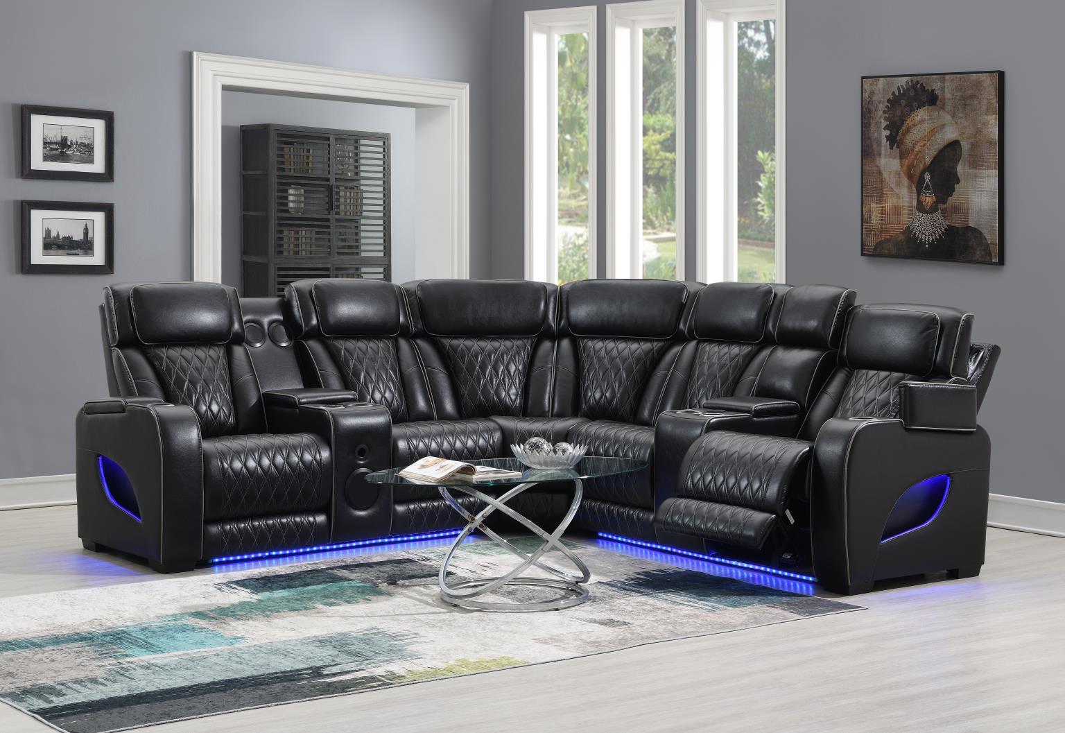 Black 3 PC Power LED Sectional, Power Headrest, Heat, Massage Wireless Charger, and USB — photo 2
