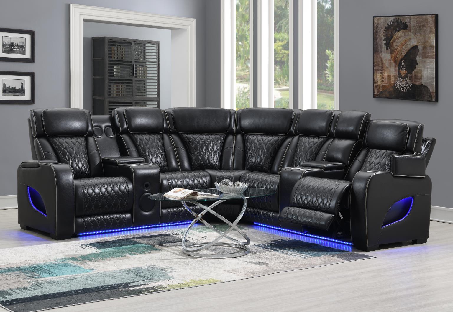 Black 3 PC Power LED Sectional, Power Headrest, Heat, Massage Wireless Charger, and USB